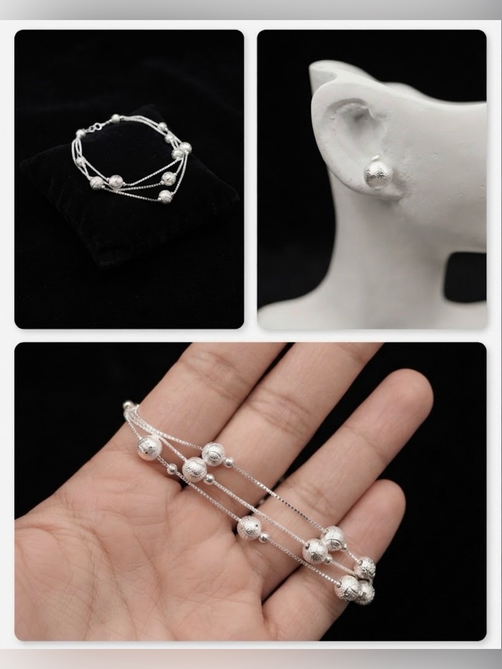 Silver Multi-Strand Beaded Bracelet with Matching Studs